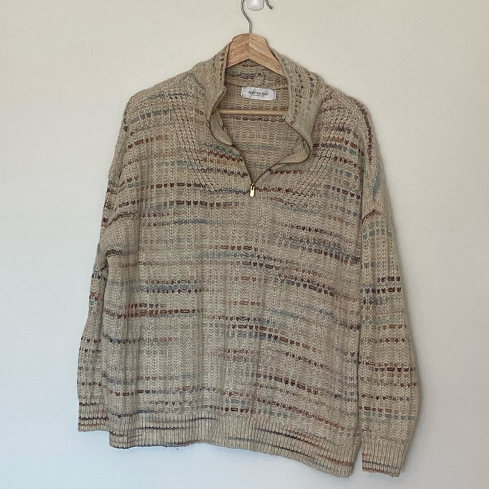Addition Elle Multicolour Knit Quarter-Zip Sweater, Size 2X, Cream w/ Gold Zip